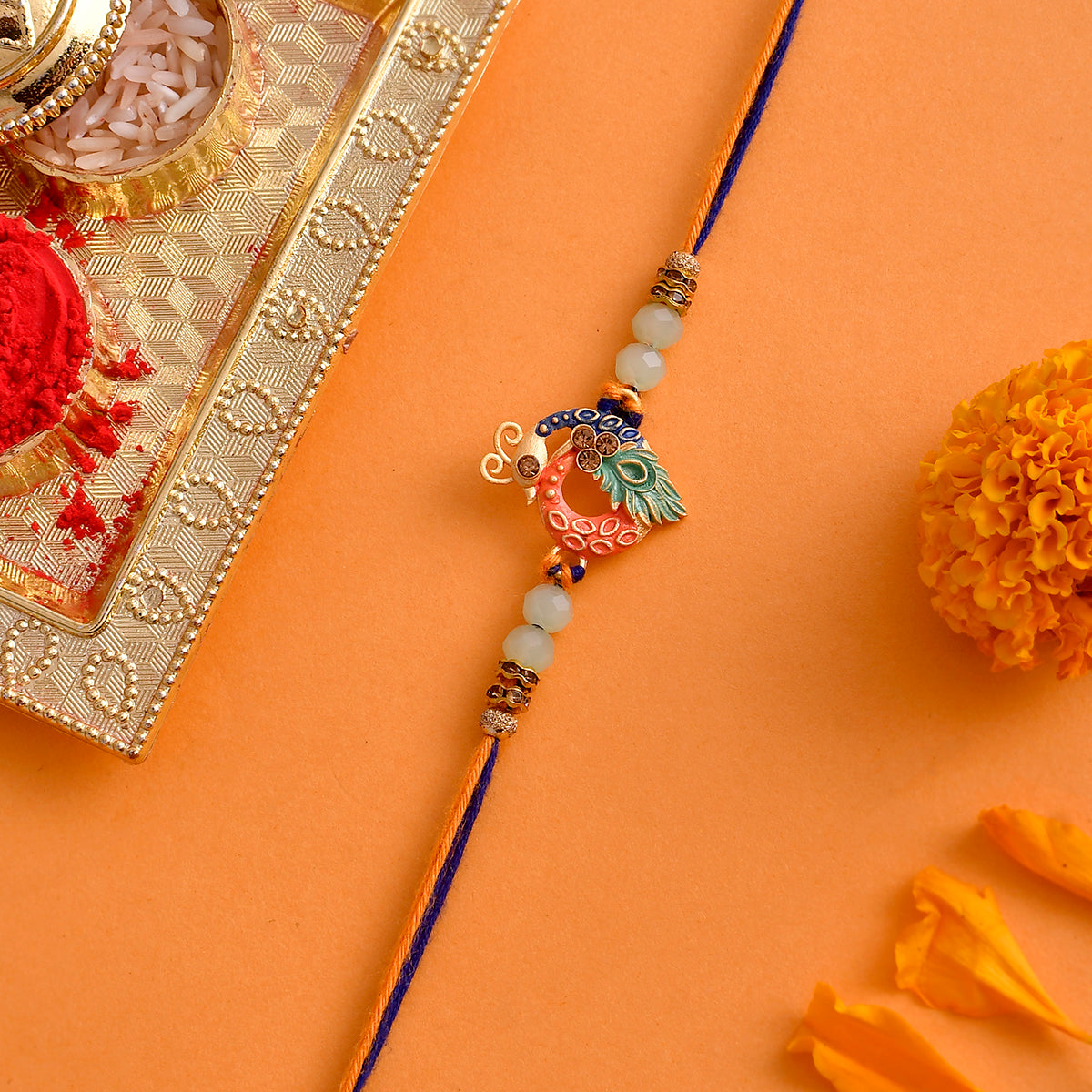 trueBrowns X Voylla Colorful Enameled Peacock Motif Beaded Thread Rakhi | Swadesiicart