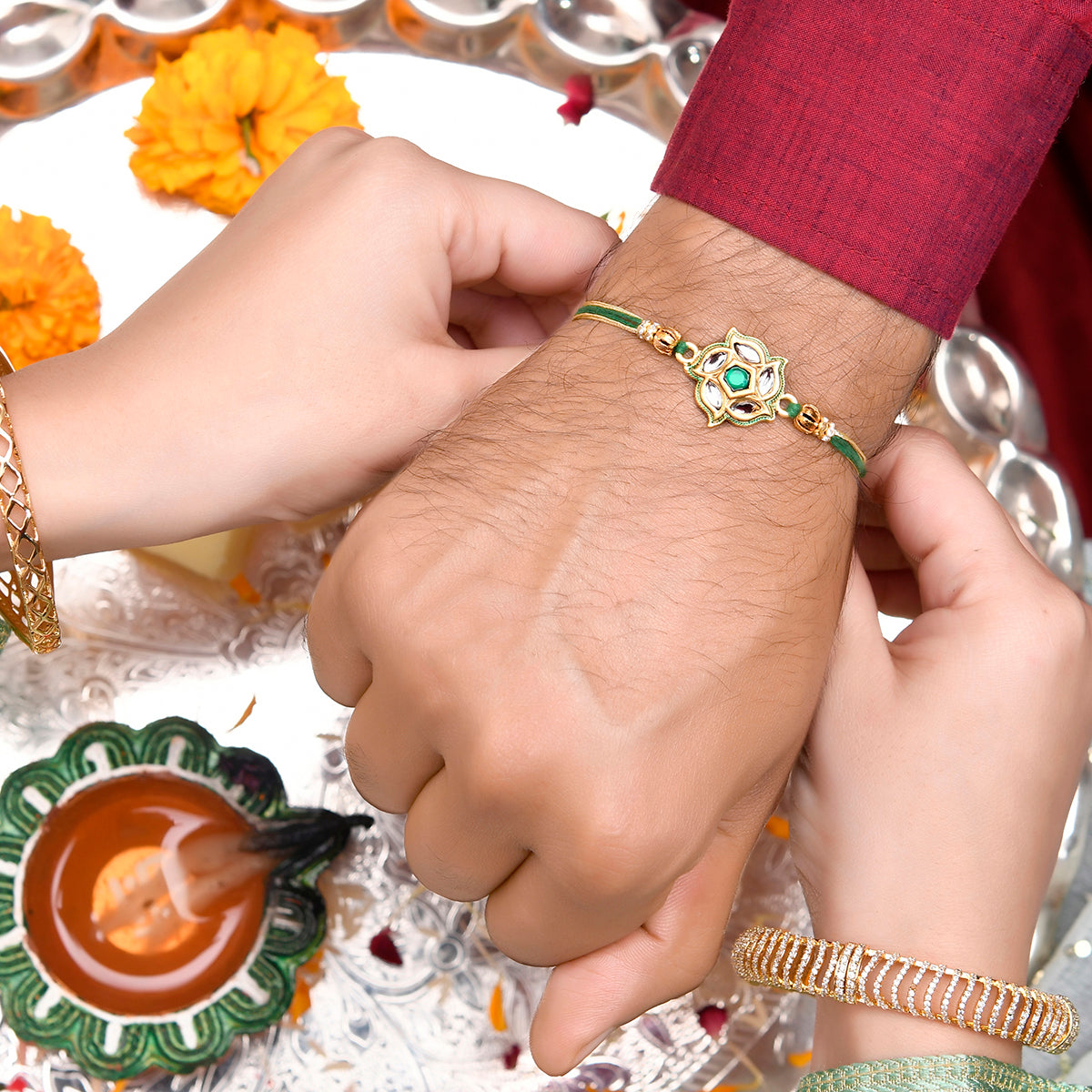 trueBrowns X Voylla Green Gems Studded Ethnic Thread Rakhi | Swadesiicart