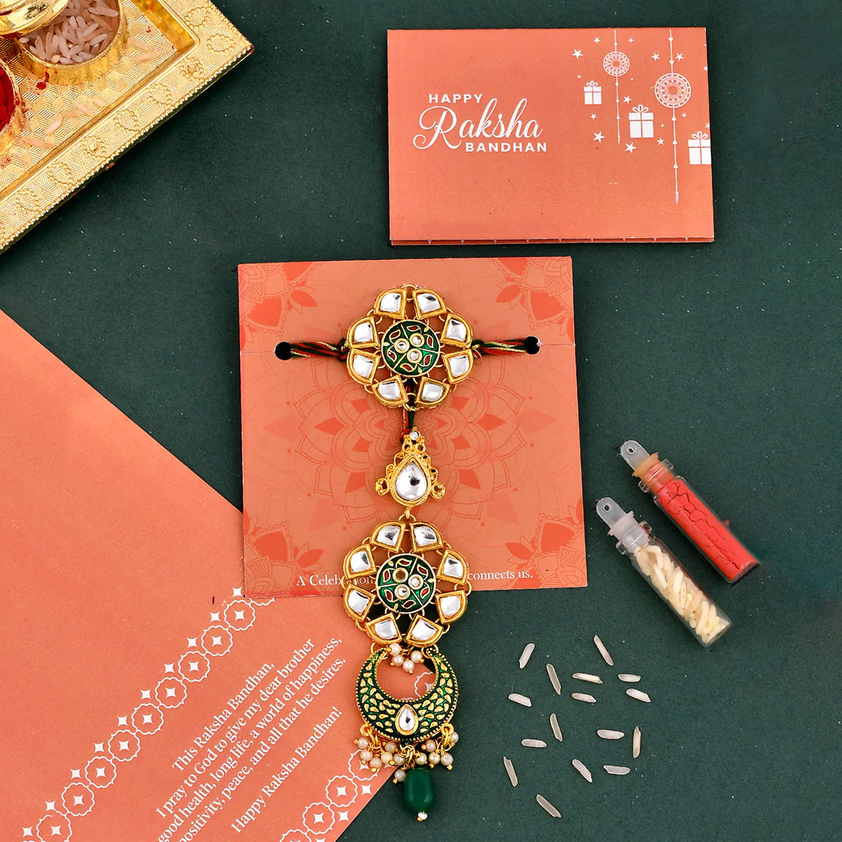 trueBrowns X Voylla Kundan Polki Enameled Bhaiya-Bhabhi Rakhi | Swadesiicart
