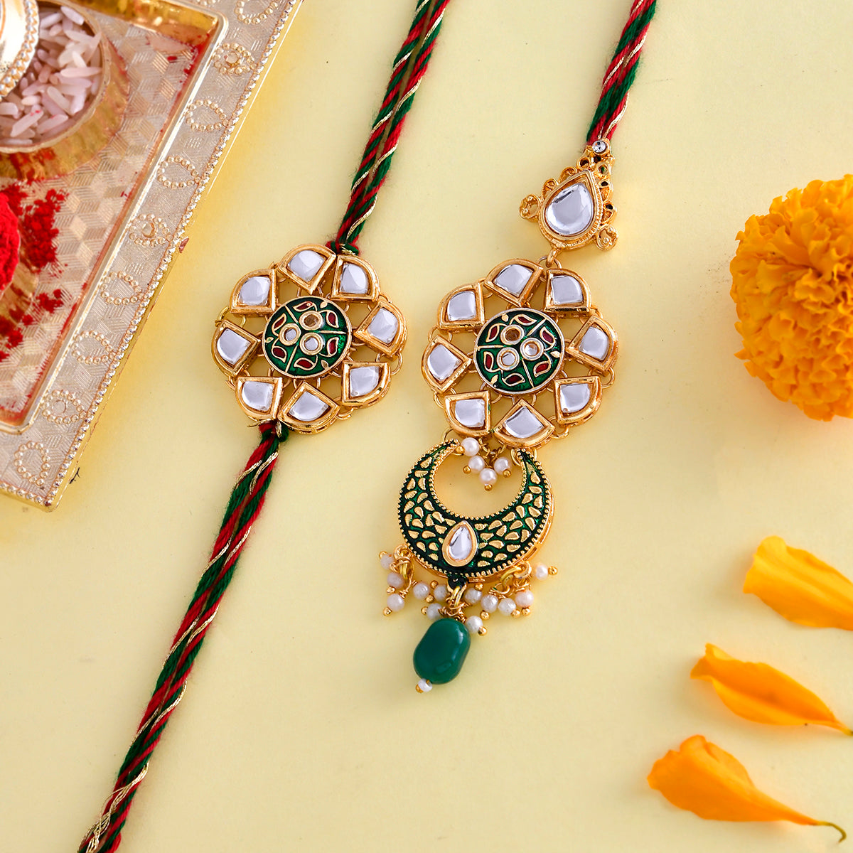 trueBrowns X Voylla Kundan Polki Enameled Bhaiya-Bhabhi Rakhi | Swadesiicart
