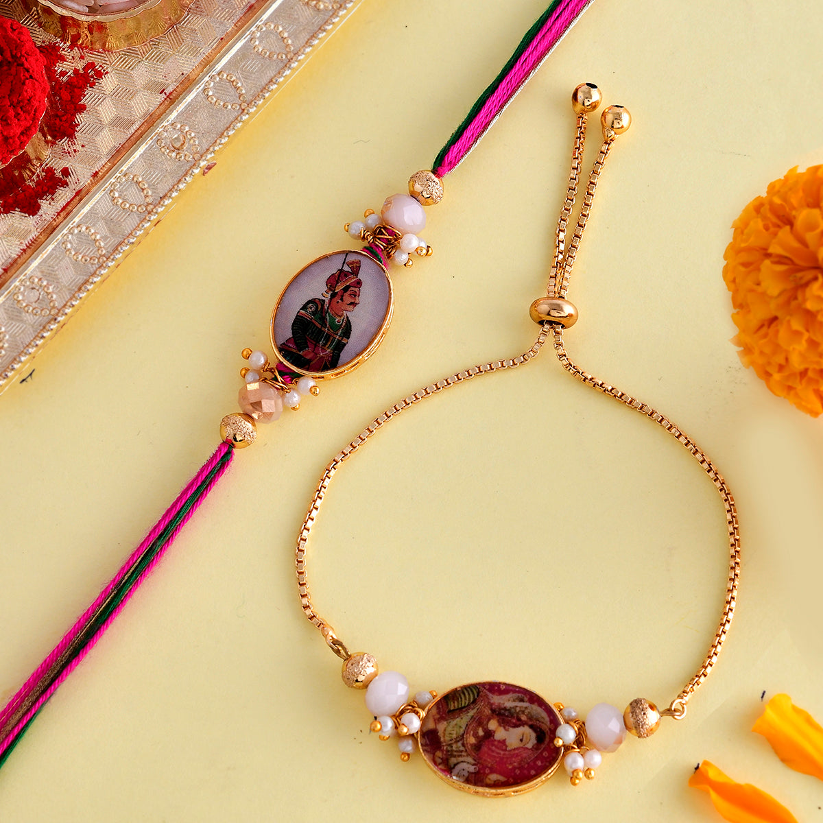 trueBrowns X Voylla Traditional King And Queen Pearl Beads Bhaiya-Bhabhi Rakhi | Swadesiicart