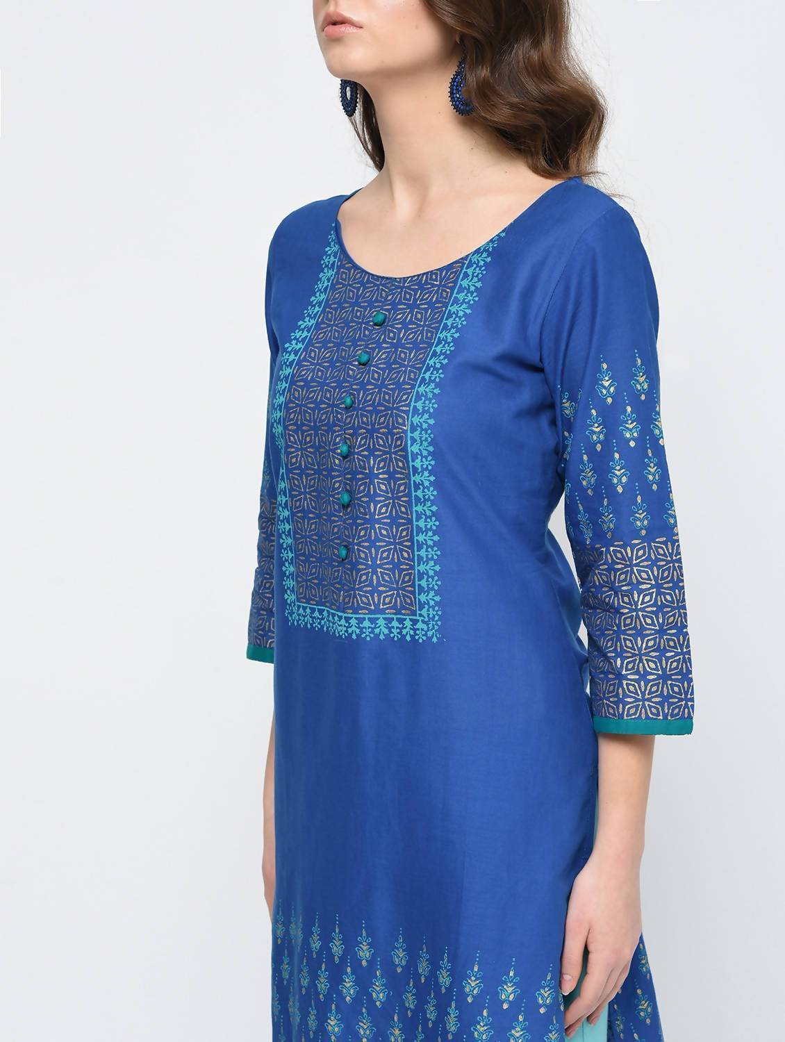 Indian Clothing Cheera Hand Block Print Royal Blue Color Straight Kurta | Swadesiicart