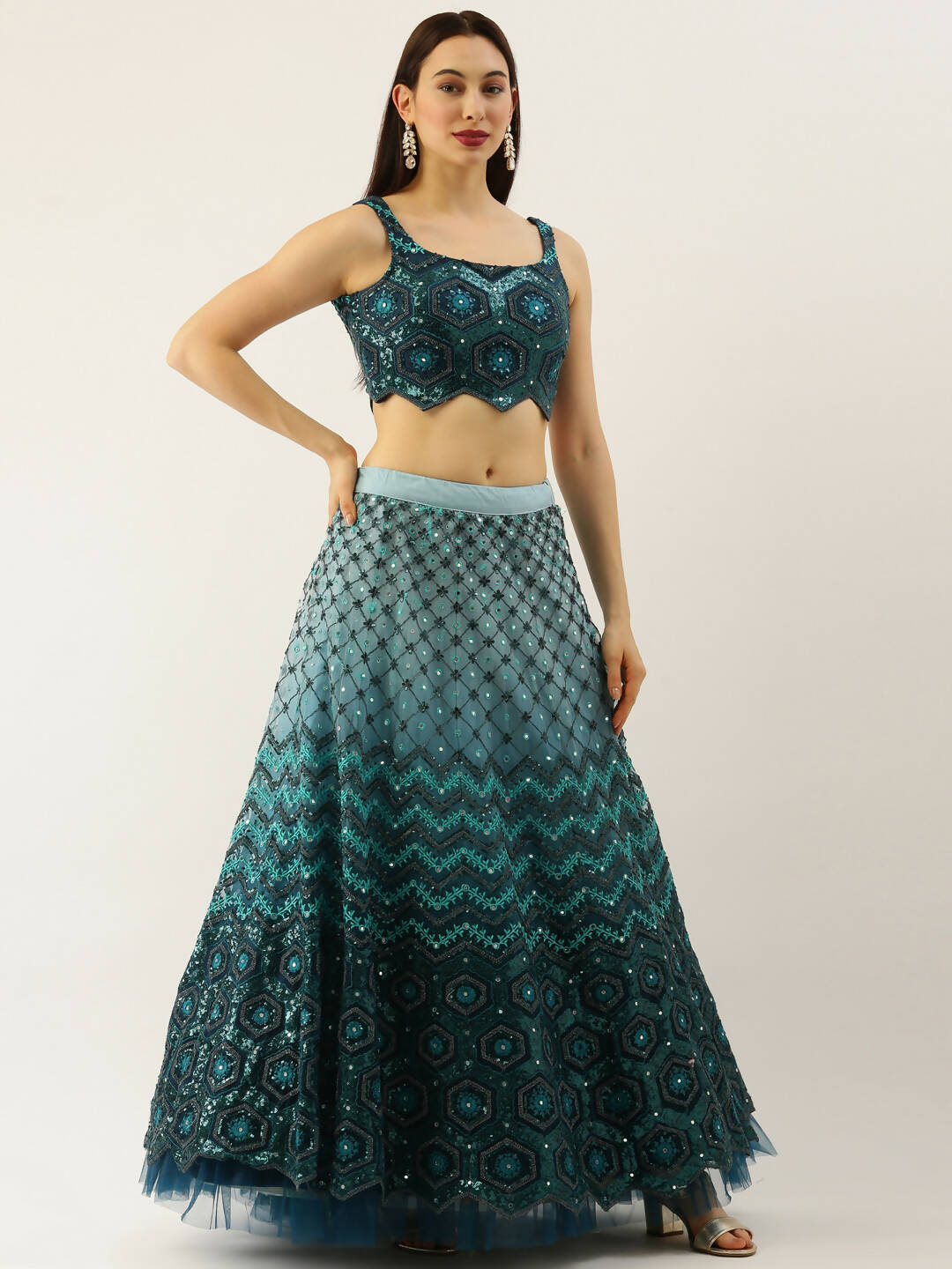 House of Panchhi Women Teal Net Embroidered Sequins Lehenga & Blouse with Dupatta | Swadesiicart
