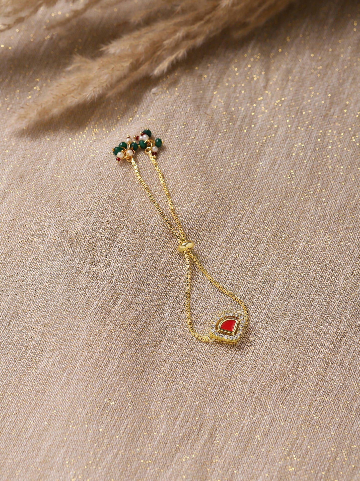 Women's Gold-Polished Pink Kundan Studded Brass Charm Bracelet - Ruby Raang - Swadesiicart