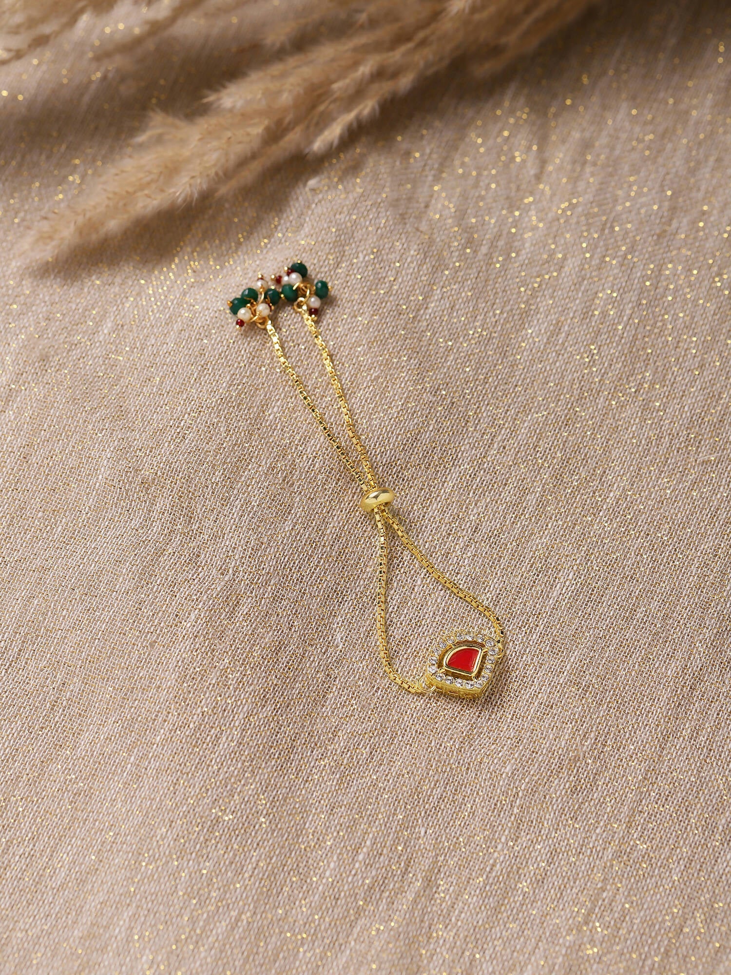 Women's Gold-Polished Pink Kundan Studded Brass Charm Bracelet - Ruby Raang - Swadesiicart