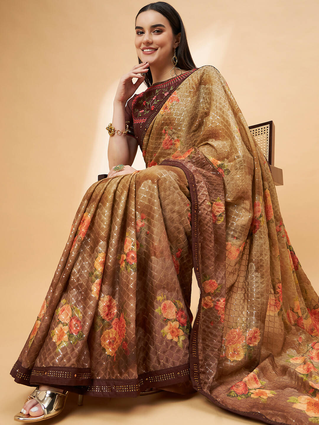 Beige Georgette Resham And Sequins Embroidery, Mukaish Studded Work Saree - Norita Hit Design - Swadesiicart