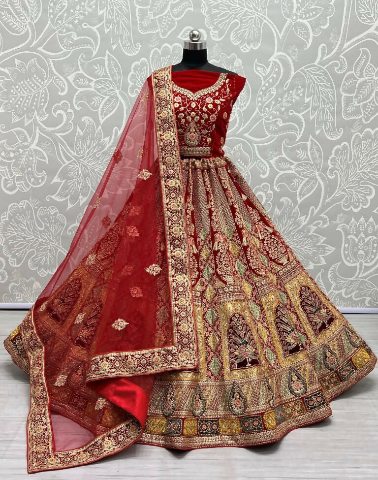 Jyoti Fashion Women's Red Velvet Fancy Dori, Zari with Multi Thread Embroidered Wedding Lehenga Choli | Swadesiicart