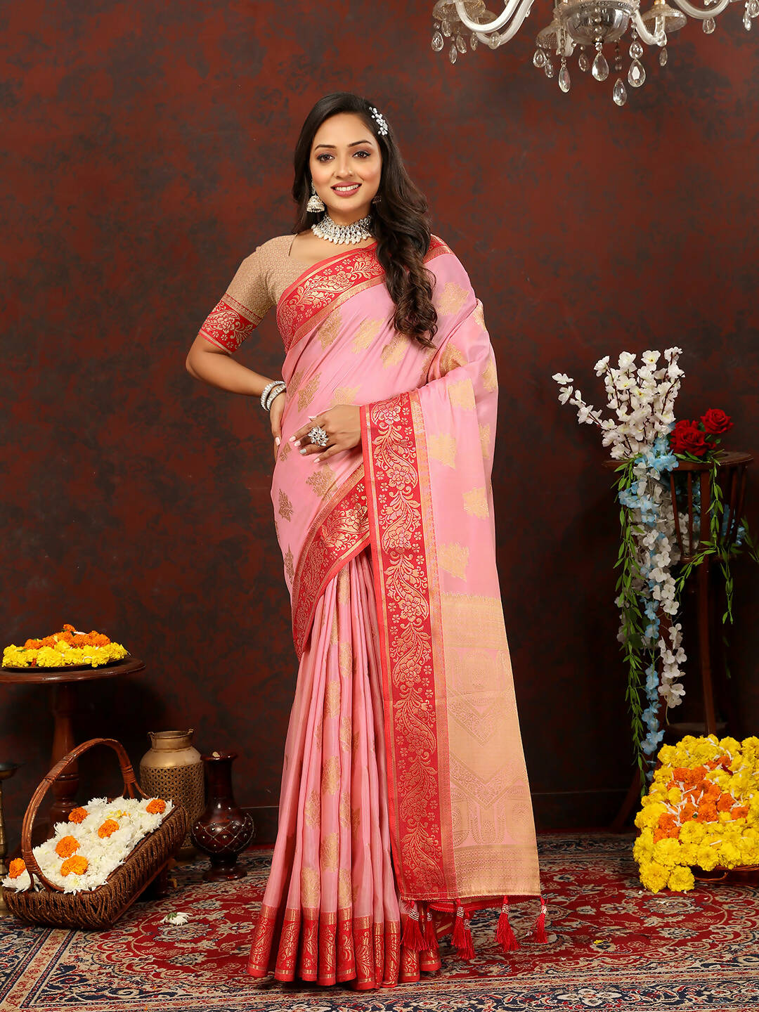 Lorenvalley Fashion Pink Cotton Woven Design with Zari Weaving Design Saree - Swadesiicart