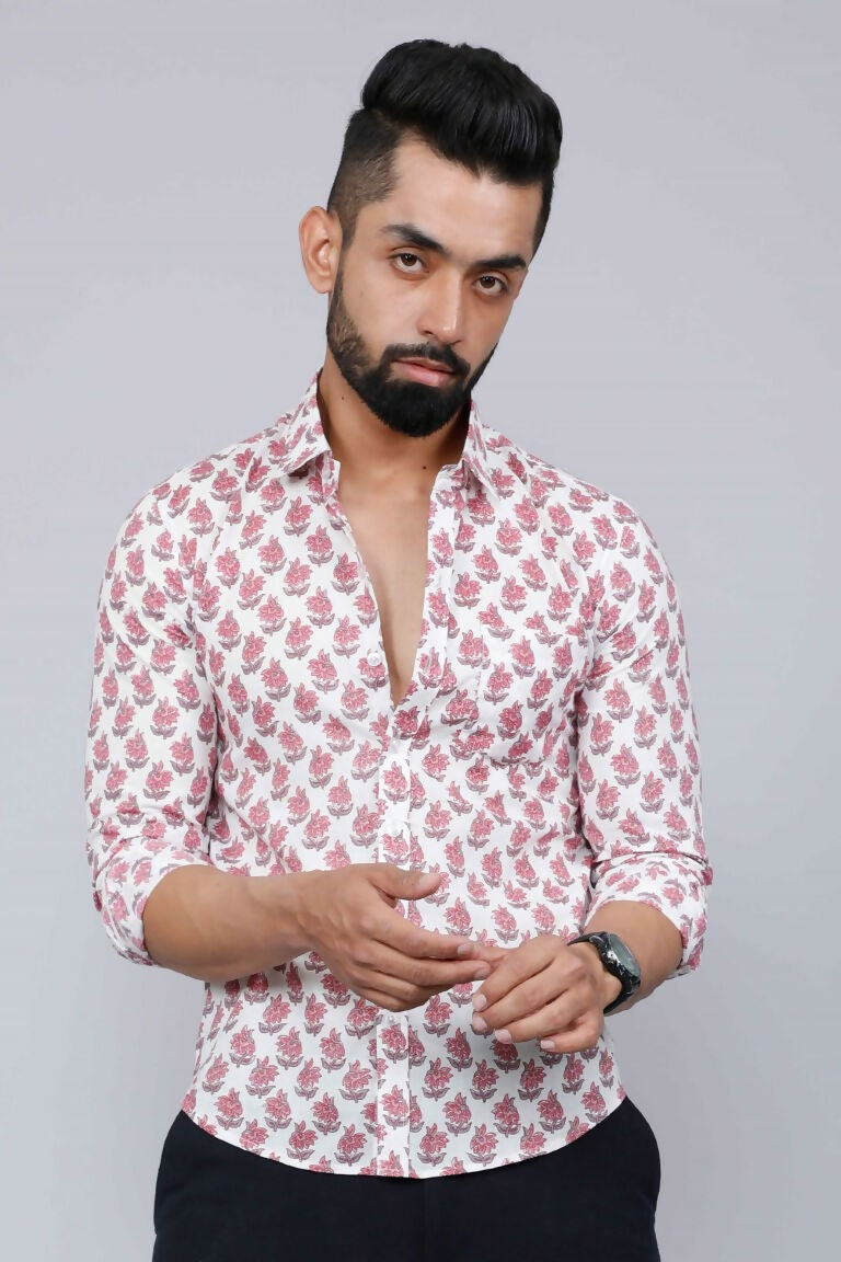 Miravan Men's White & Pink Spread Collar Floral Print Shirt | Swadesiicart