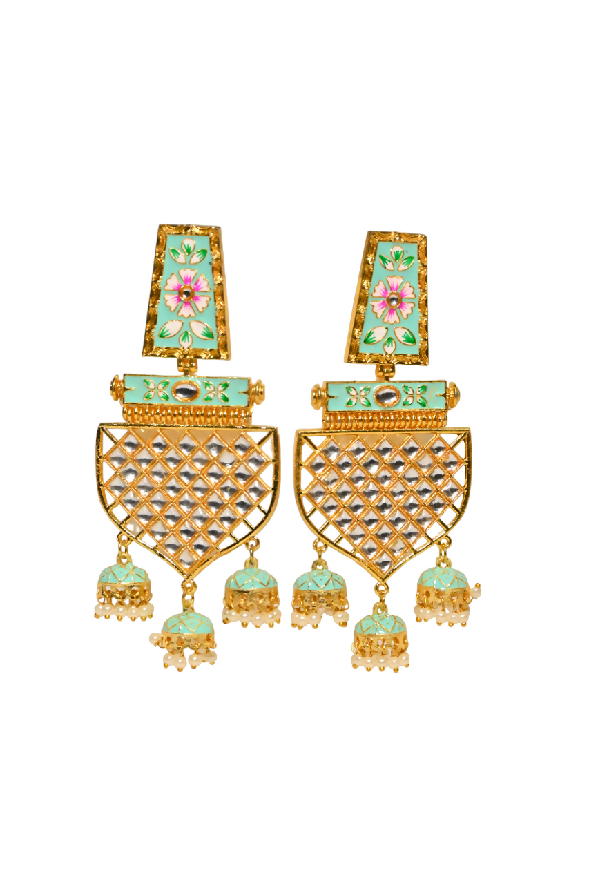 Traditional Gold-Polished Meenakari Green Jhumka Jhumki Earrings By House of Ree - Swadesiicart