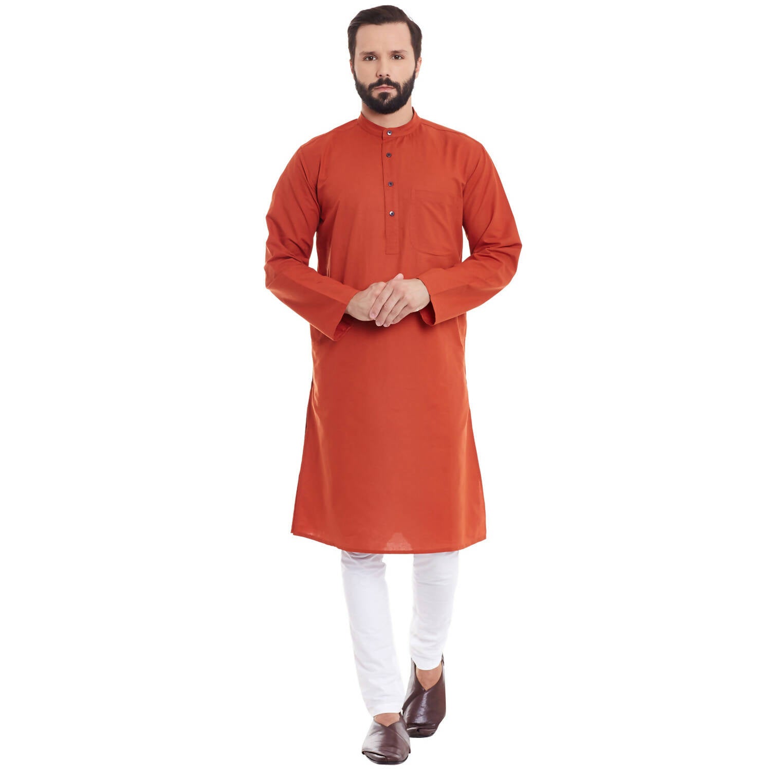 Even Apparels Orange Pure Cotton Men's Kurta With Band Collar | Swadesiicart