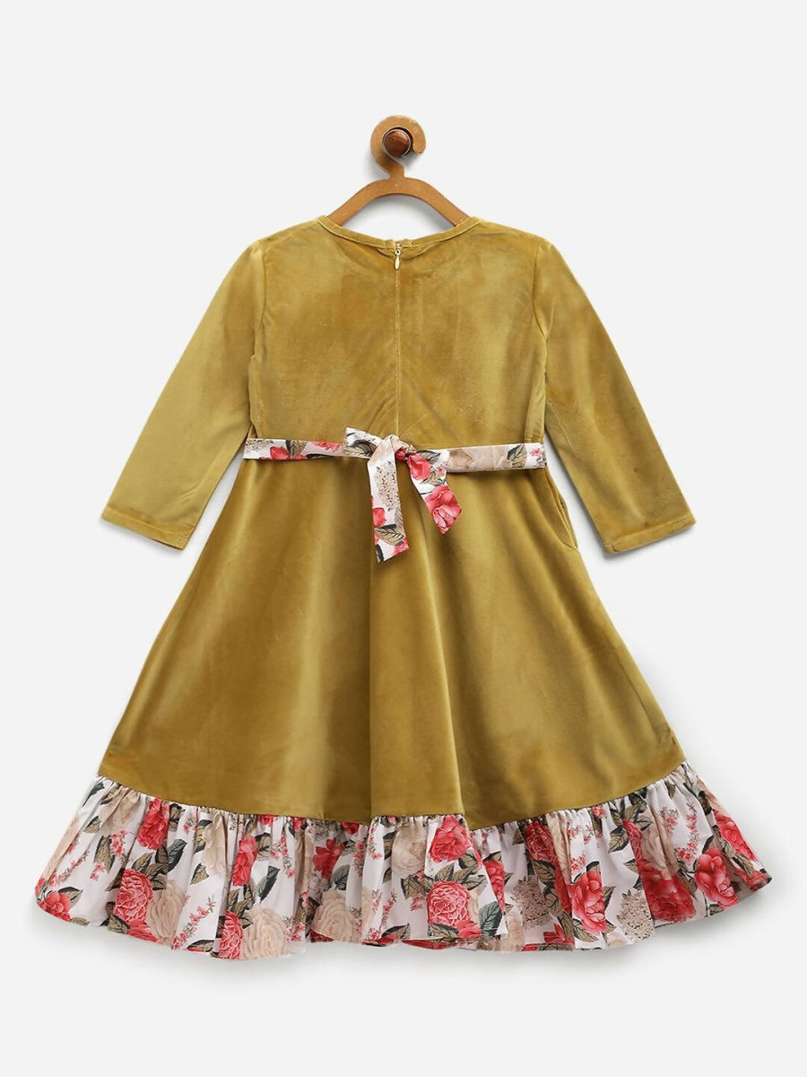 Ahalyaa Mustard Velvet Plain Kids Frilled Kurta For Girls | Swadesiicart