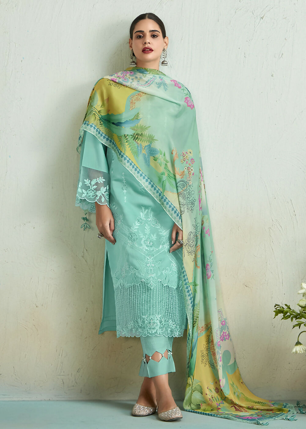 Turquoise Blue Pure Muslin Resham Embroidered Salwar Suit - Emponline | Swadesiicart