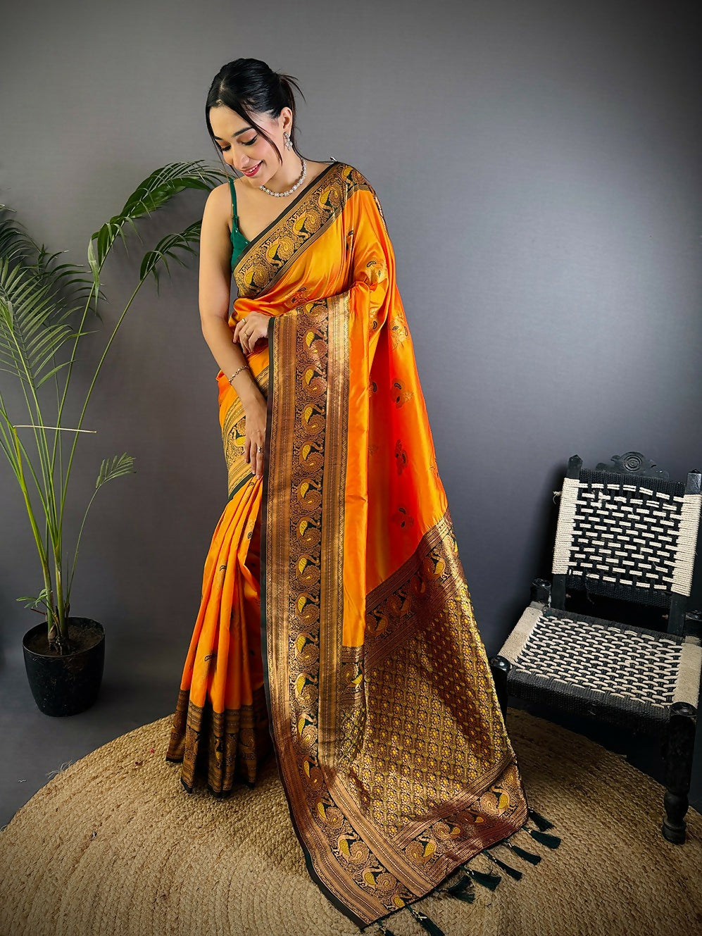 Joban Fashion Banarasi Orange Woven Soft Silk Saree | Swadesiicart