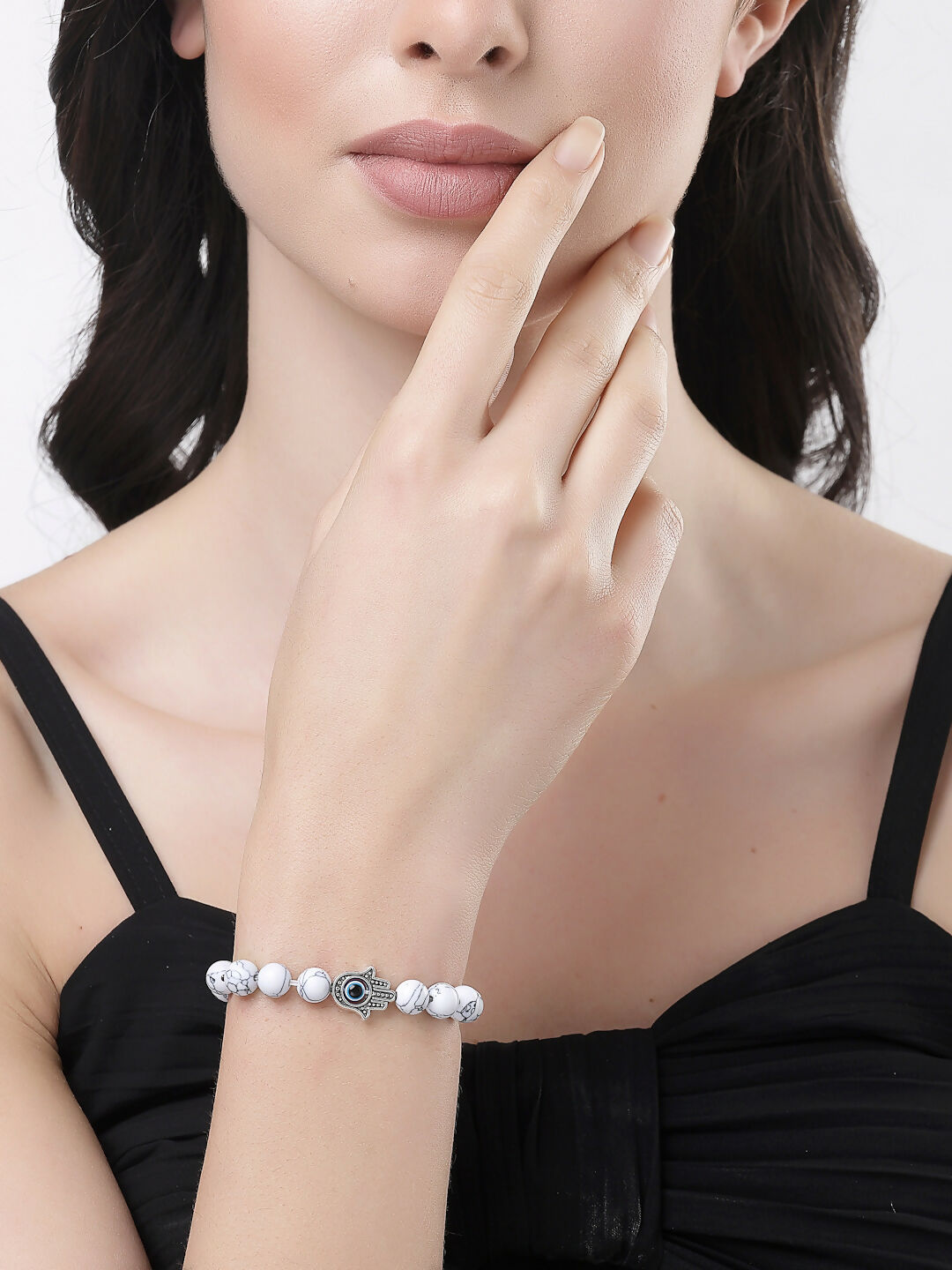 NVR Men & Women Set of 2 Black & White Marbel Crystal Bracelet - Swadesiicart