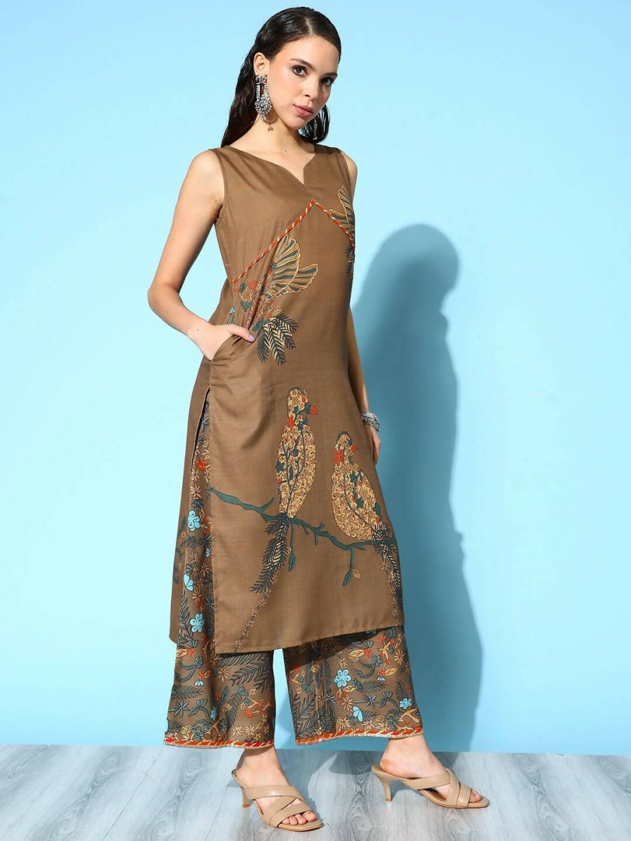 Ahalyaa Women's Brown Colour Cotton Blend Digital Printed Kurta Palazzo Set With Dupatta | Swadesiicart