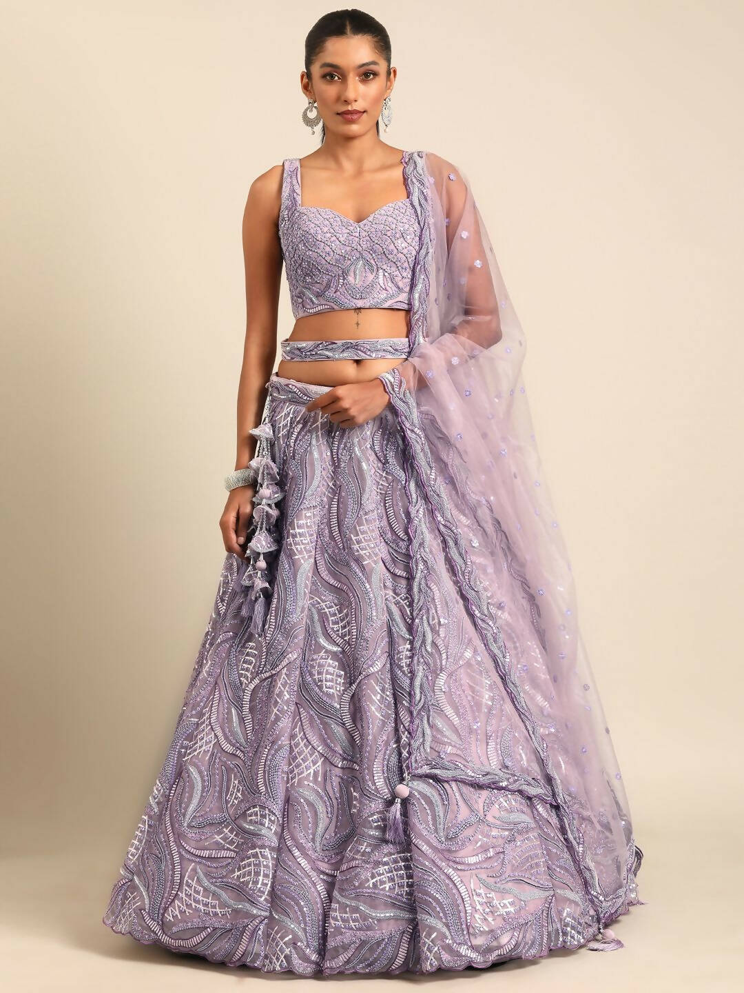 House of Panchhi Lavender Net Sequins and Zarkan embroidery Lehenga choli & Dupatta | Swadesiicart