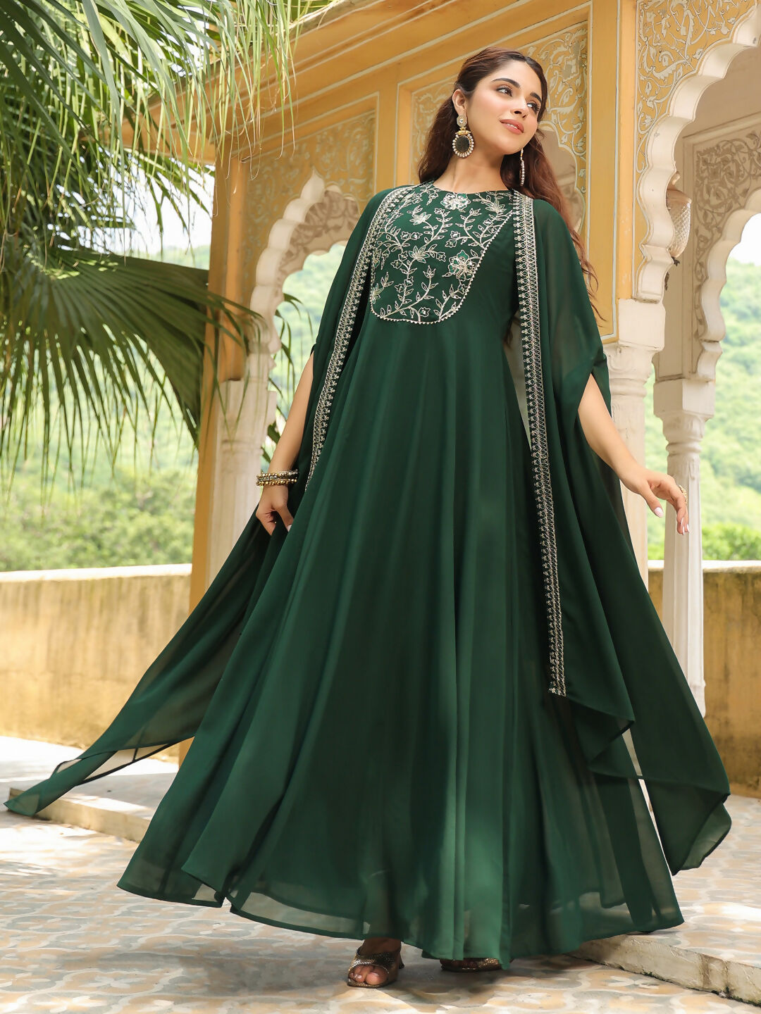 Janasya Dark Green Georgette Embroidered Dress & Jacket | Swadesiicart