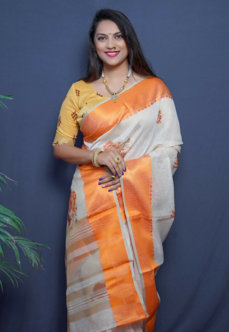 Jyoti Fashion Women's Orange Linen Silk Digital Print with Jacquard Woven Border Saree with Blouse | Swadesiicart