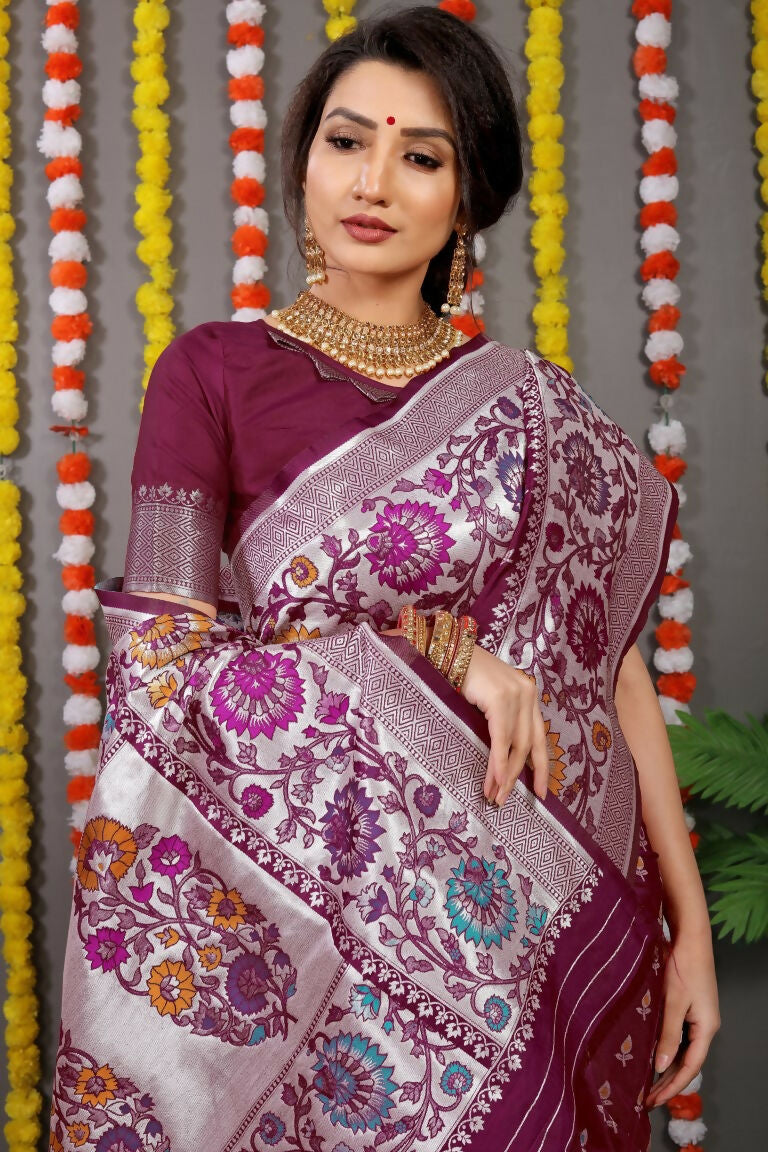 Jyoti Fashion Women's Wine Banarasi Silk Zari Woven Saree with Blouse | Swadesiicart