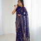 Lorenvalley Fashion Navy Blue Solo Georgette Superb Finishing Foils Print & Fancy Zalar Lace in Border Saree with Blouse - Swadesiicart