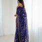 Lorenvalley Fashion Navy Blue Solo Georgette Superb Finishing Foils Print & Fancy Zalar Lace in Border Saree with Blouse - Swadesiicart
