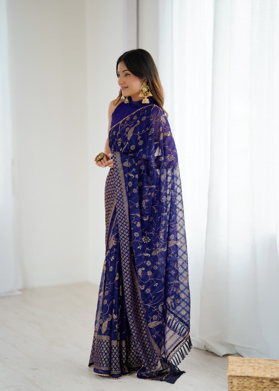 Lorenvalley Fashion Navy Blue Solo Georgette Superb Finishing Foils Print & Fancy Zalar Lace in Border Saree with Blouse - Swadesiicart