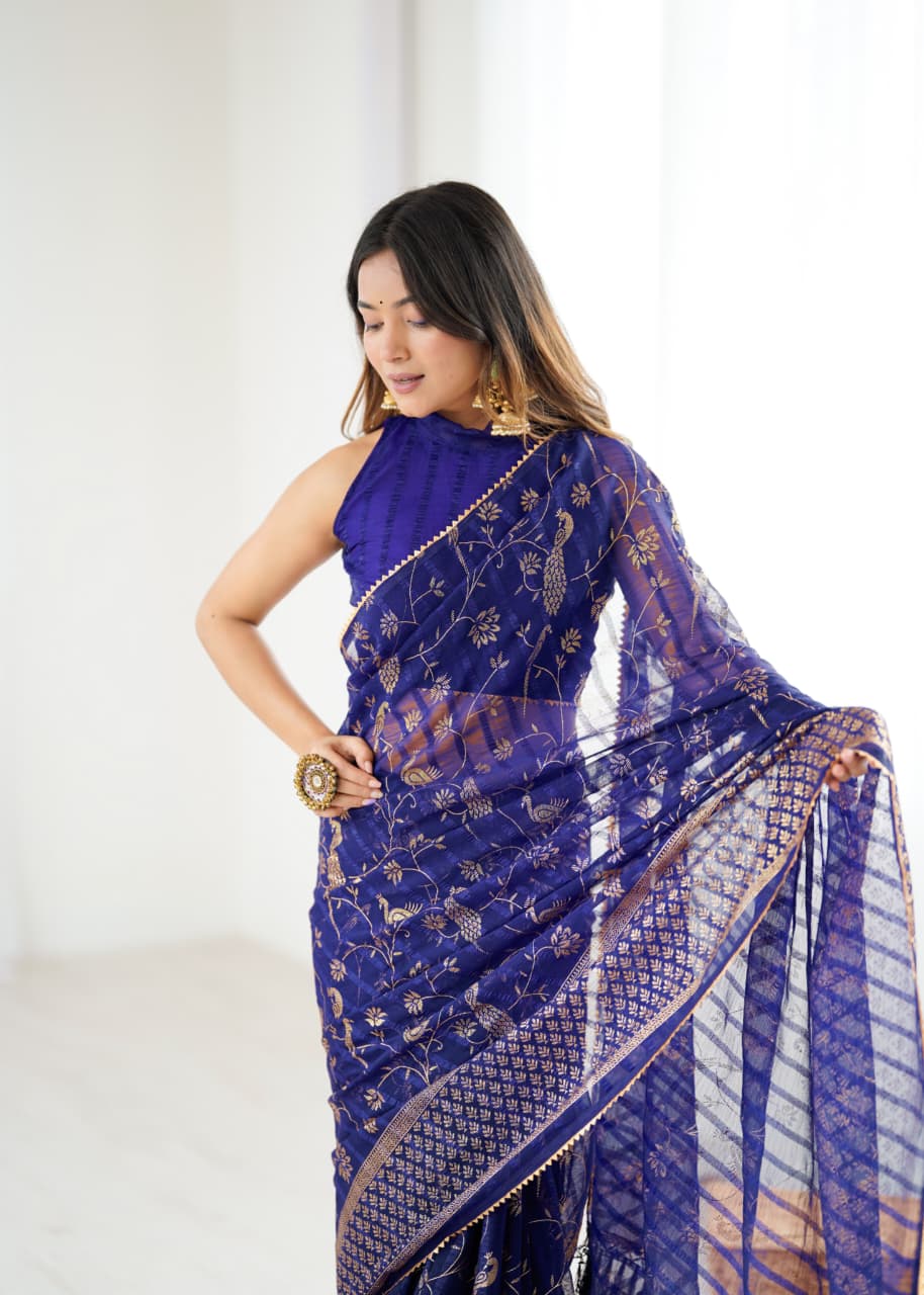 Lorenvalley Fashion Navy Blue Solo Georgette Superb Finishing Foils Print & Fancy Zalar Lace in Border Saree with Blouse - Swadesiicart