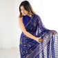 Lorenvalley Fashion Navy Blue Solo Georgette Superb Finishing Foils Print & Fancy Zalar Lace in Border Saree with Blouse - Swadesiicart