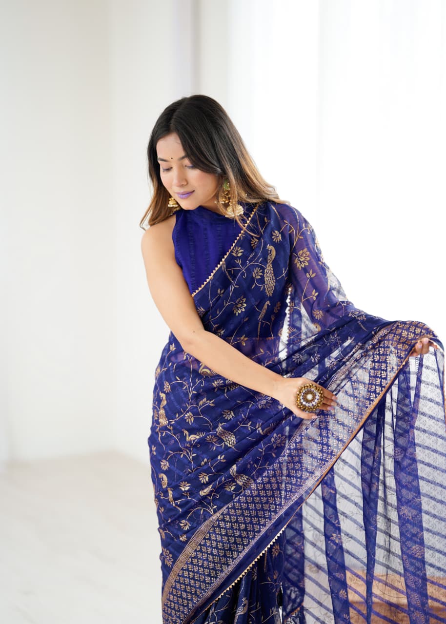 Lorenvalley Fashion Navy Blue Solo Georgette Superb Finishing Foils Print & Fancy Zalar Lace in Border Saree with Blouse - Swadesiicart