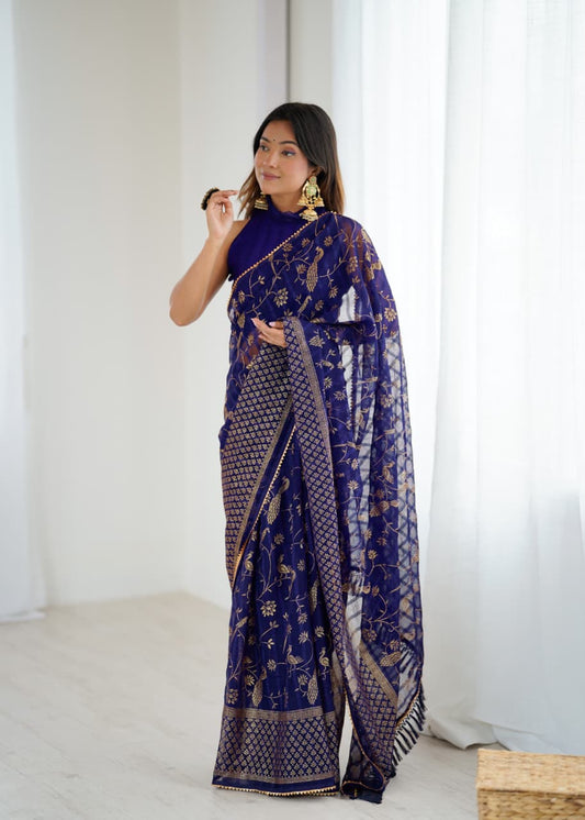 Lorenvalley Fashion Navy Blue Solo Georgette Superb Finishing Foils Print & Fancy Zalar Lace in Border Saree with Blouse - Swadesiicart