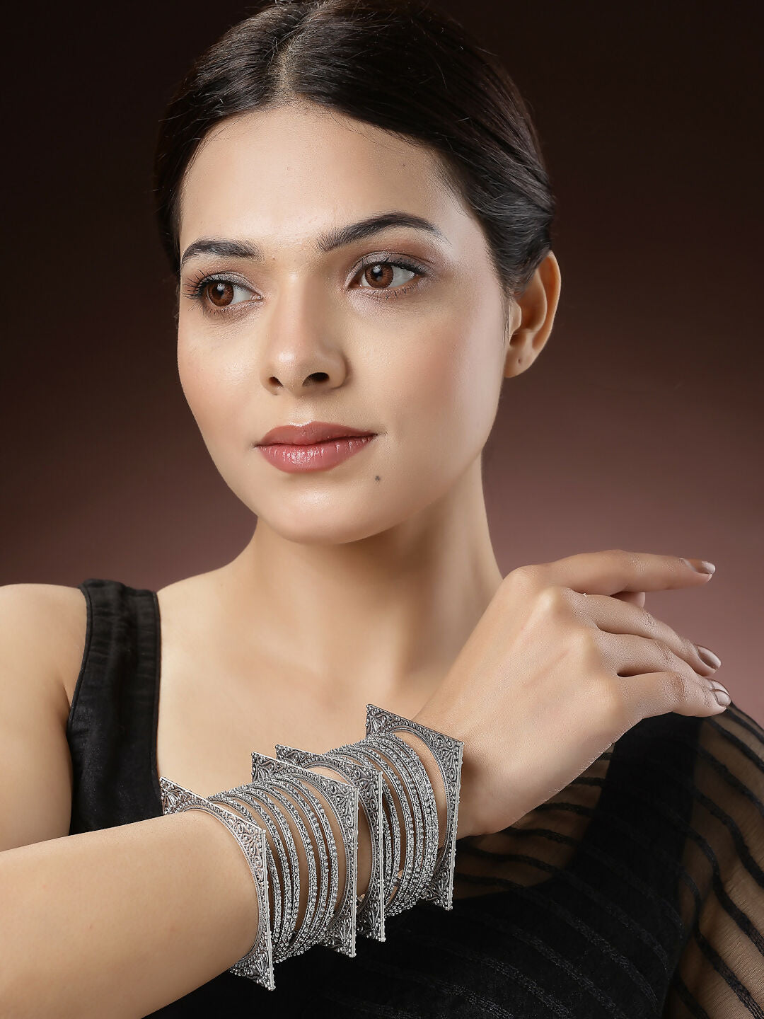 NVR Women's Set of 8 Silver-Toned German Silver Oxidised Bangles - Swadesiicart