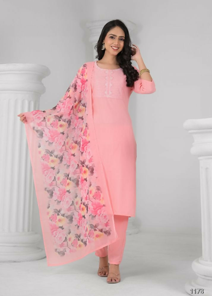 Ethnic Festive Wear Reyon Baby Pink Stitched Suit With Dupatta - Tanisha | Swadesiicart