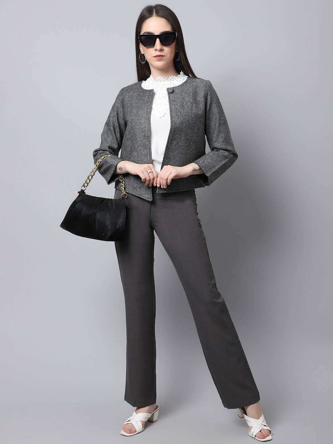 Even Apparels Black Pure Wool Open Front Statement Women's Jacket | Swadesiicart