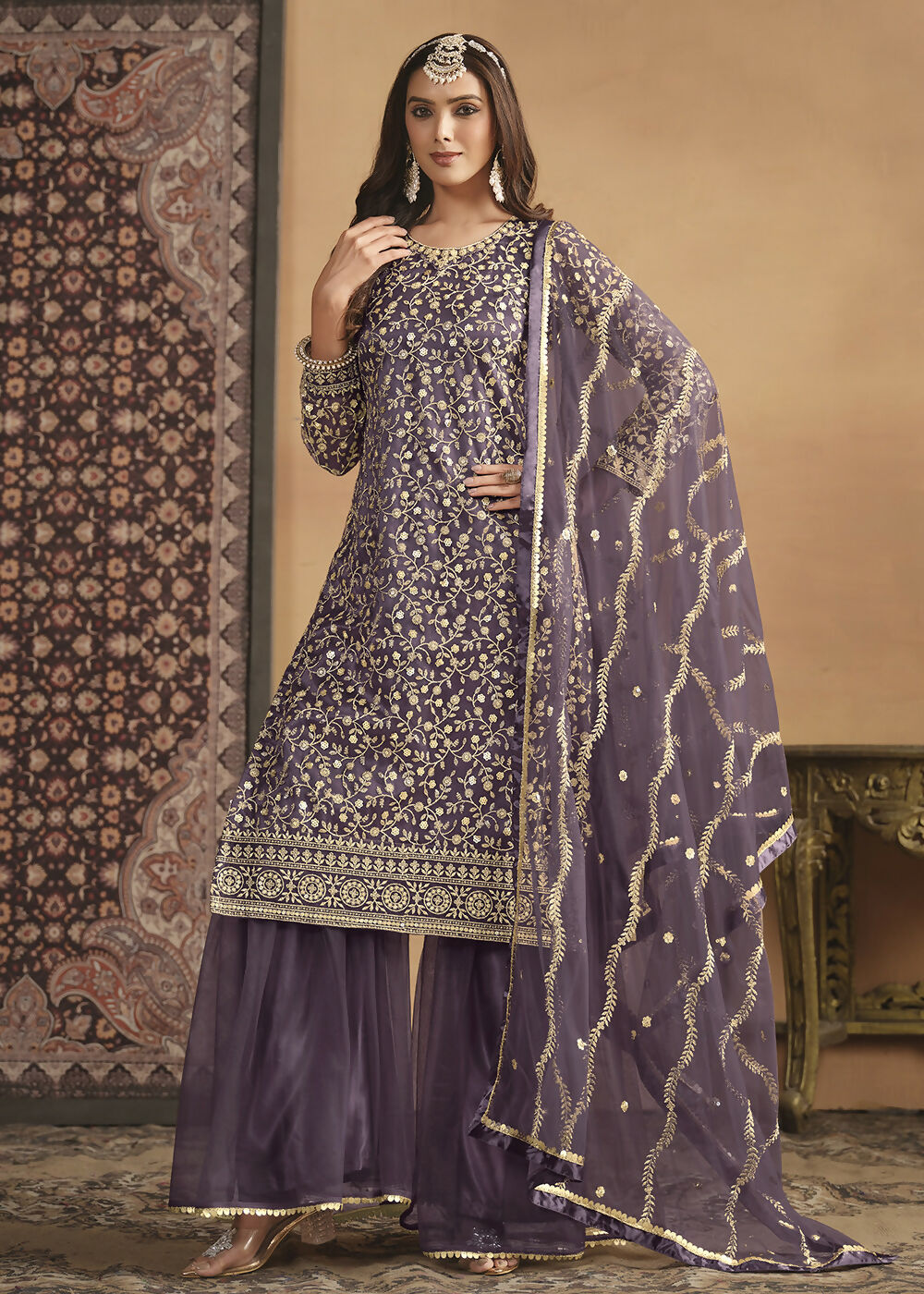 Net Dusty Purple Embroidered Festive Gharara Style Suit - Emponline | Swadesiicart