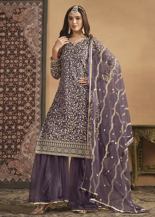 Net Dusty Purple Embroidered Festive Gharara Style Suit - Emponline | Swadesiicart