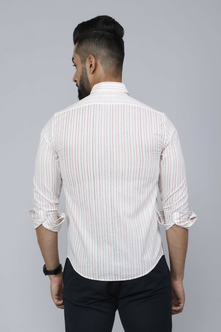 Miravan Men's White Spread Collar Striped Print Casual Shirt | Swadesiicart