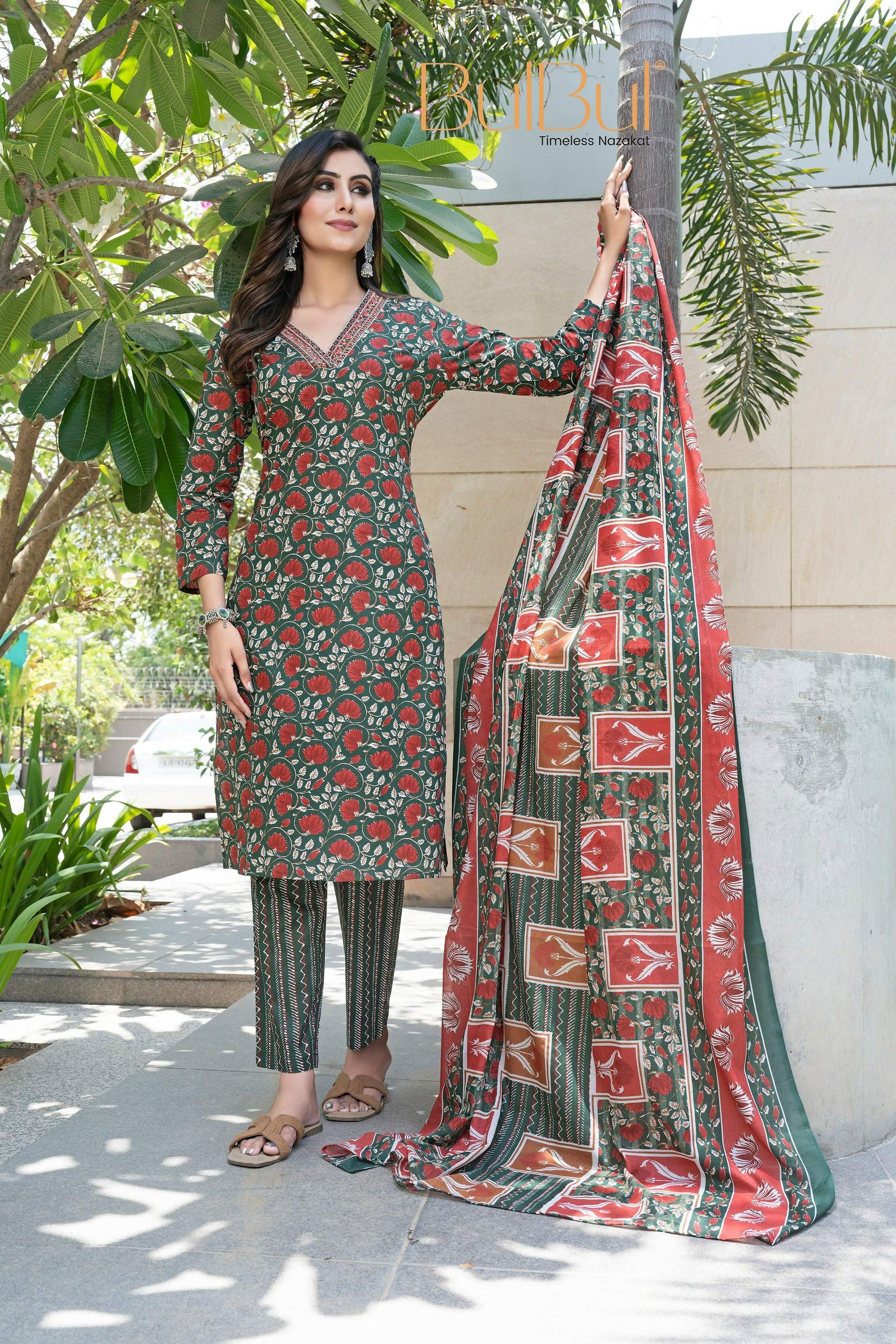 BulBul Fashionista Green Cotton Kurta Set with Dupatta - Swadesiicart