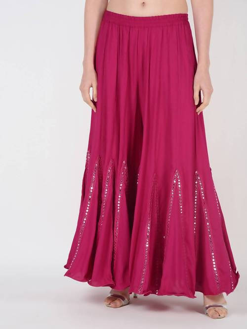 Mominos Fashion Magenta Viscose Rayon Flared Palazzo with Mirror Lace Work - Mominos Fashion