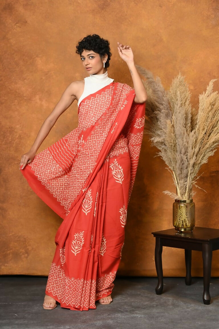 Very Much Indian Handblock Printed Cotton Saree With Natural Dyes - Orange | Swadesiicart