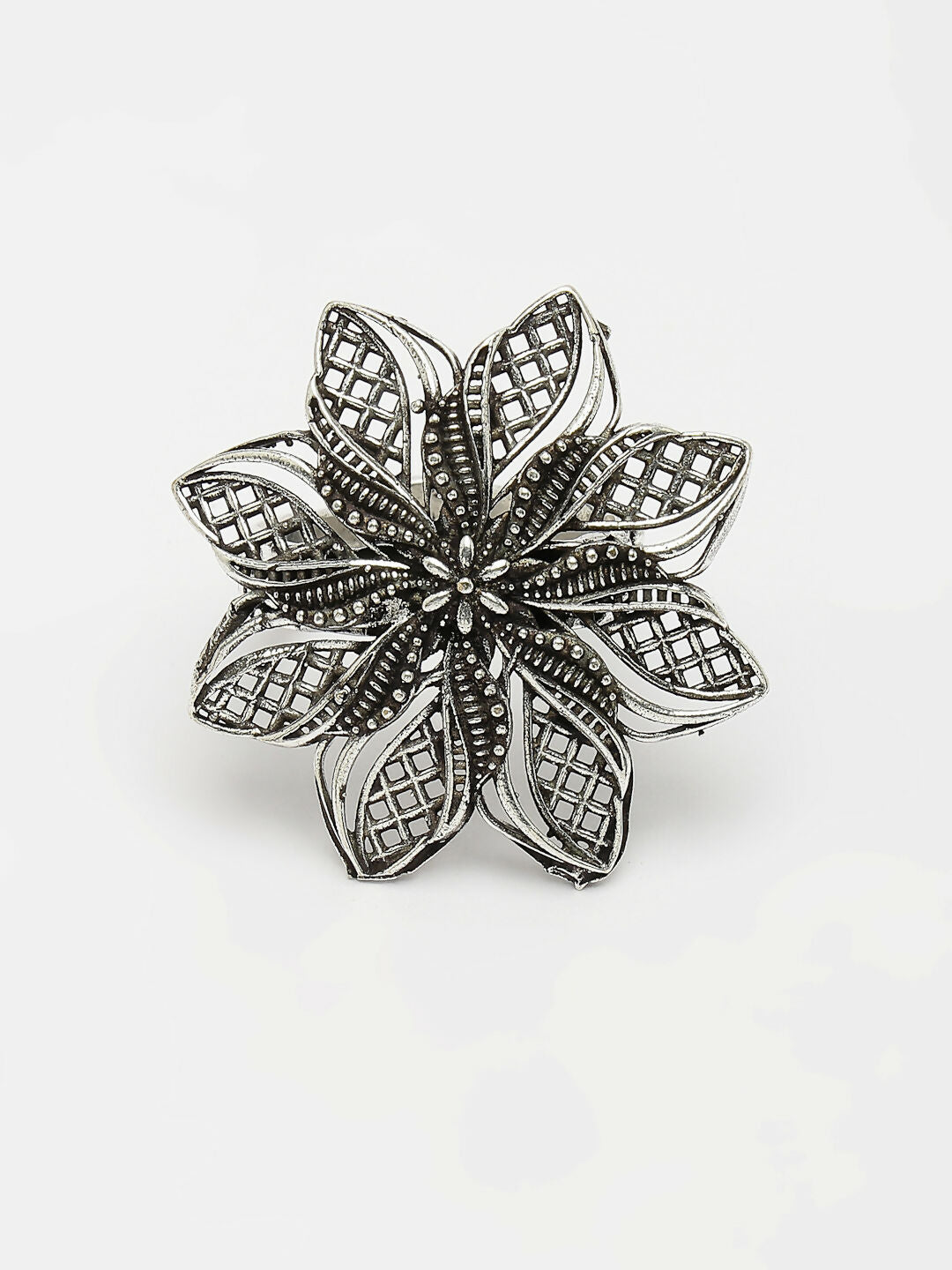 NVR Women's Silver-Toned Floral Shape Adjustable Finger Ring | Swadesiicart
