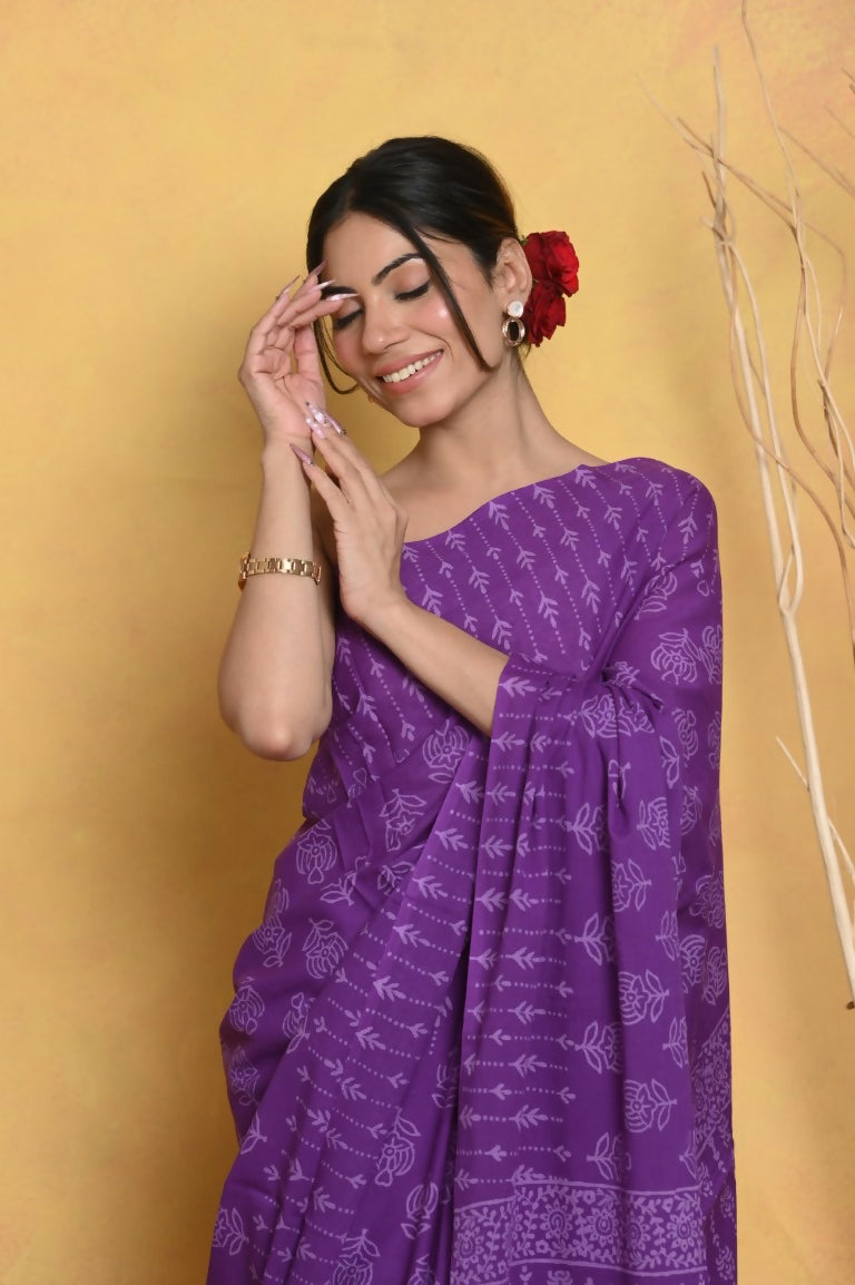 Very Much Indian Handblock Printed Cotton Saree With Natural Dyes - Purple | Swadesiicart
