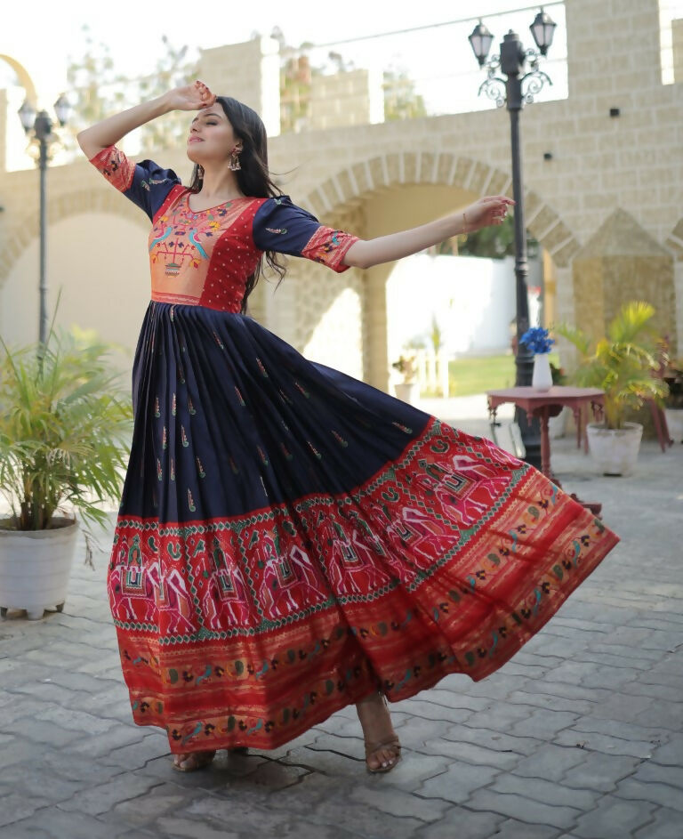 Jyoti Fashion Women's Navy Blue Patola with Foil Print Dola Silk Anarkali Dress | Swadesiicart