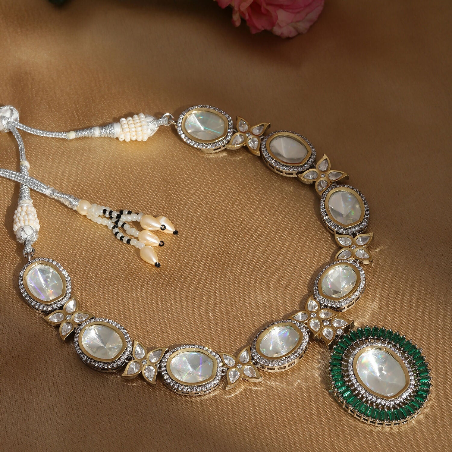 Gold and Silver Tone Neckpiece with Green Center Piece (Silver) - Ruby Raang | Swadesiicart