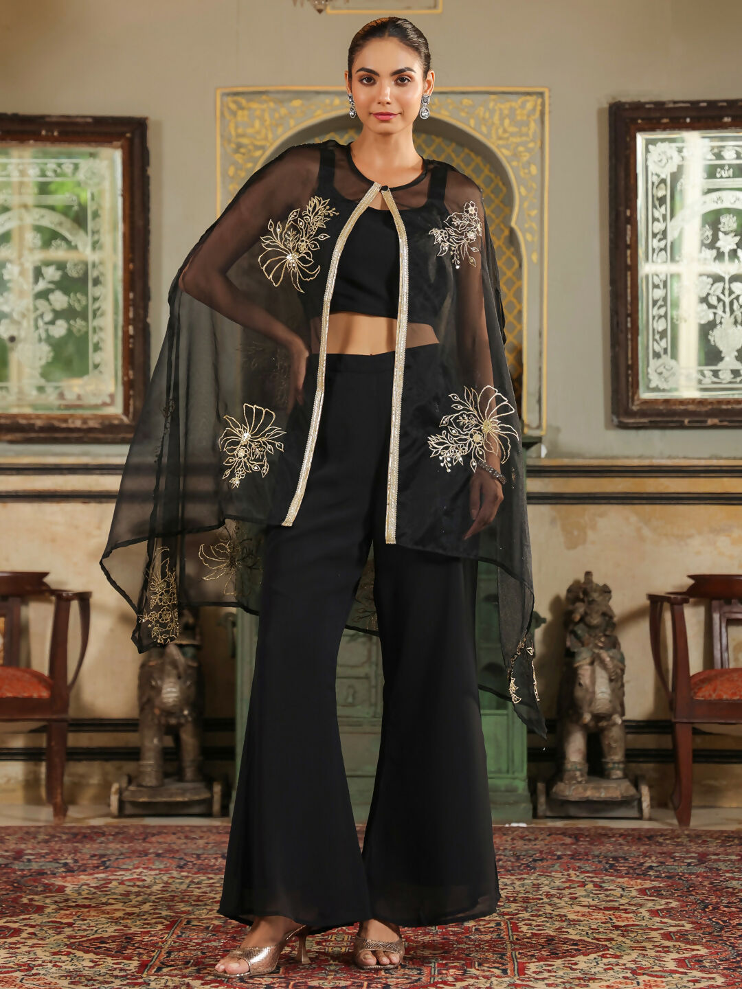 Janasya Black Georgette Solid Top Bottom Cape | Swadesiicart