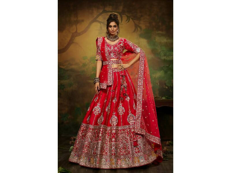 House of Panchhi Red Pure Silk Moti & Zarkan heavy embroidery Lehenga choli & Dupatta | Swadesiicart