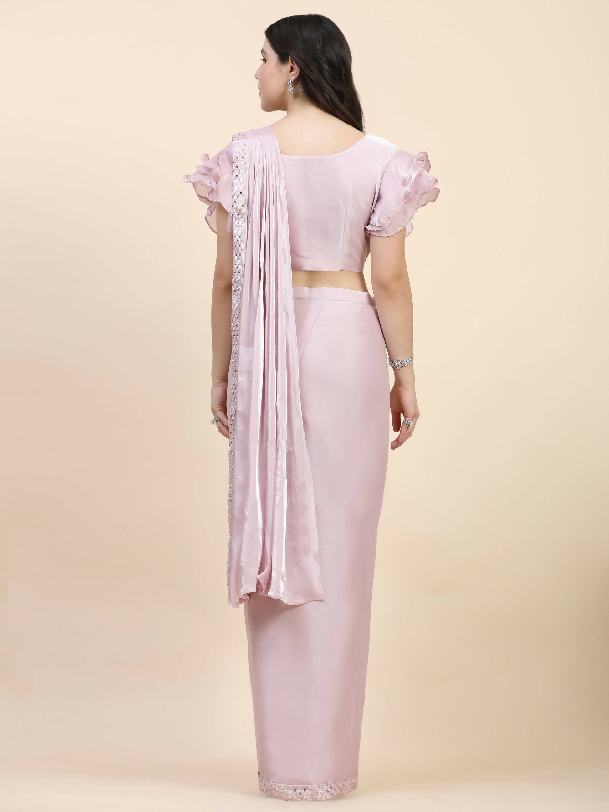 Light Pink Silk Satin Sequence Work Ready to Wear Saree with stitched Blouse - Nirvana | Swadesiicart