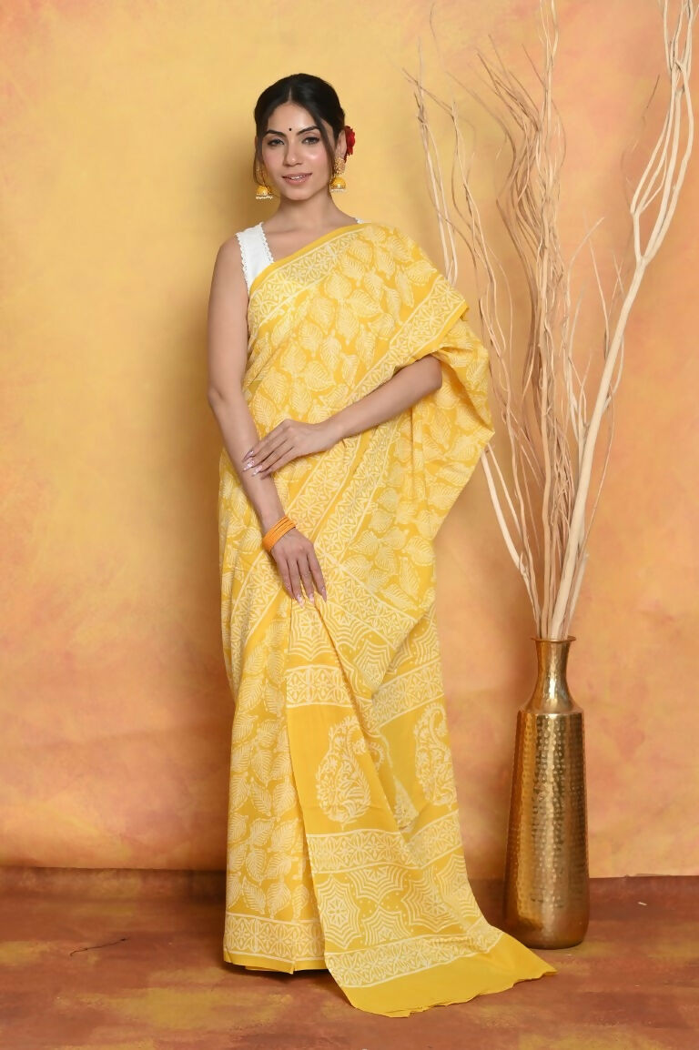 Very Much Indian Handblock Printed Cotton Saree With Natural Dyes - Yellow | Swadesiicart