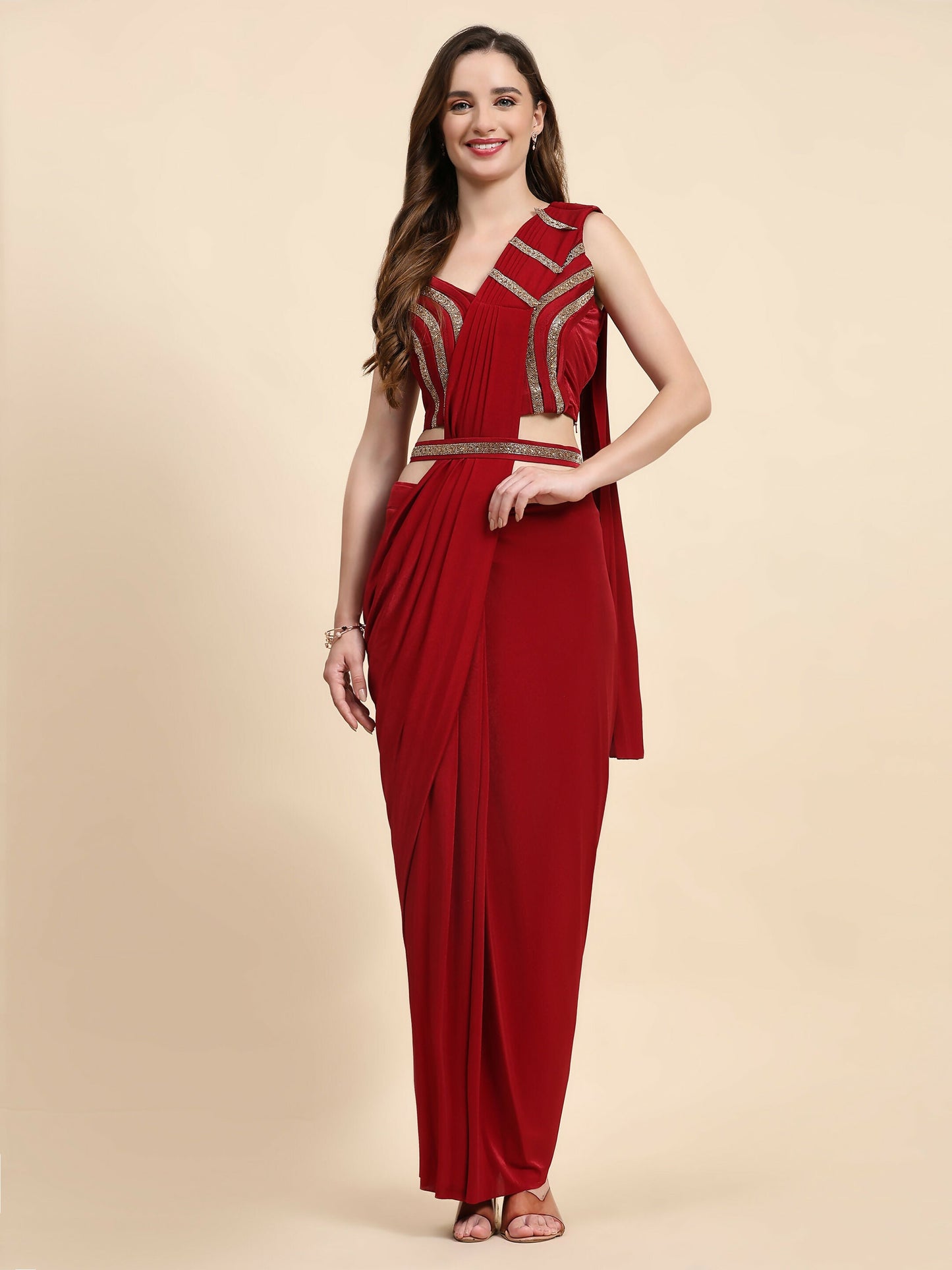 Red Imported Crystle Solid Ready to Wear Saree with stitched Blouse - Nita | Swadesiicart