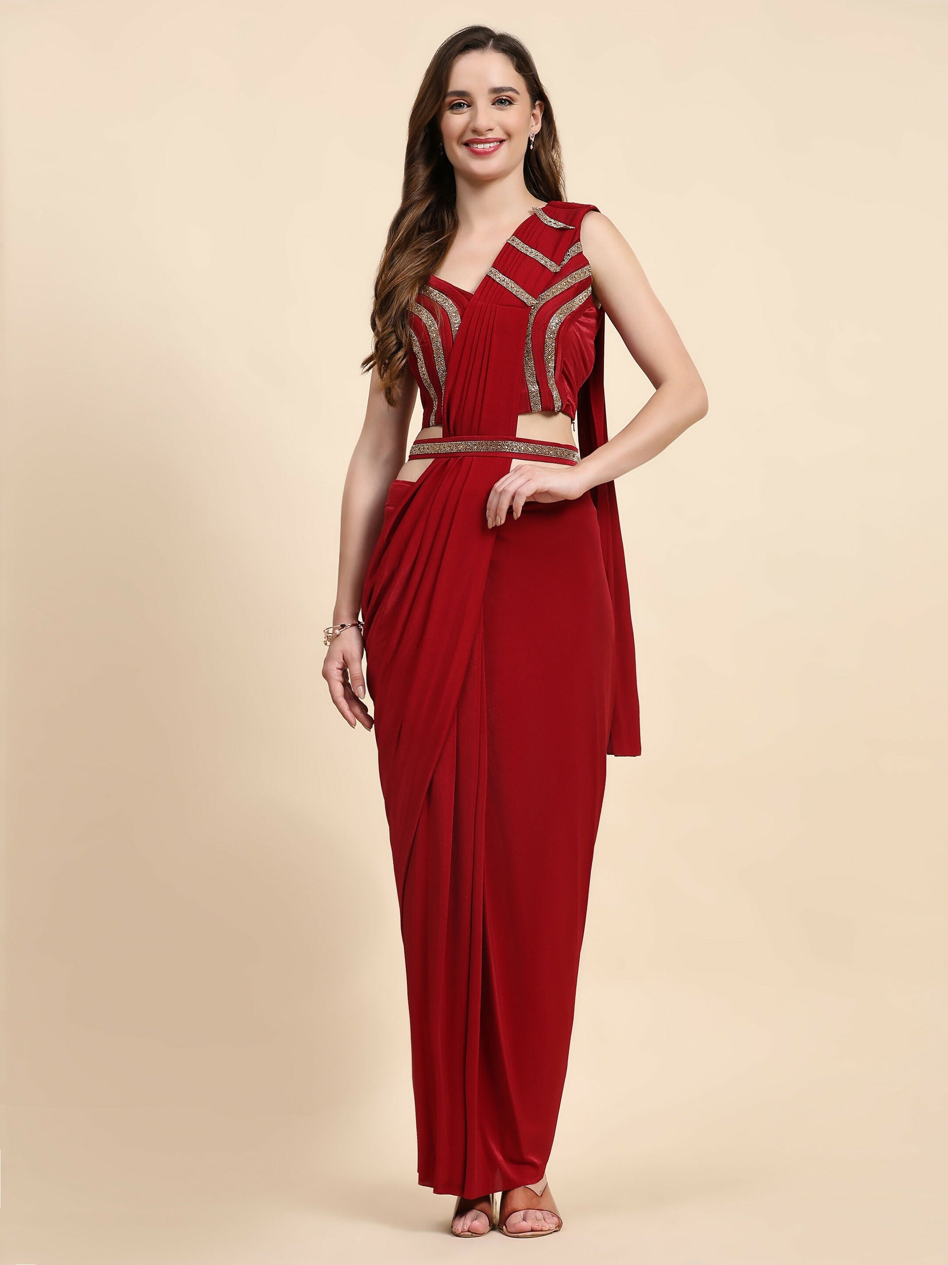 Red Imported Crystle Solid Ready to Wear Saree with stitched Blouse - Nita | Swadesiicart